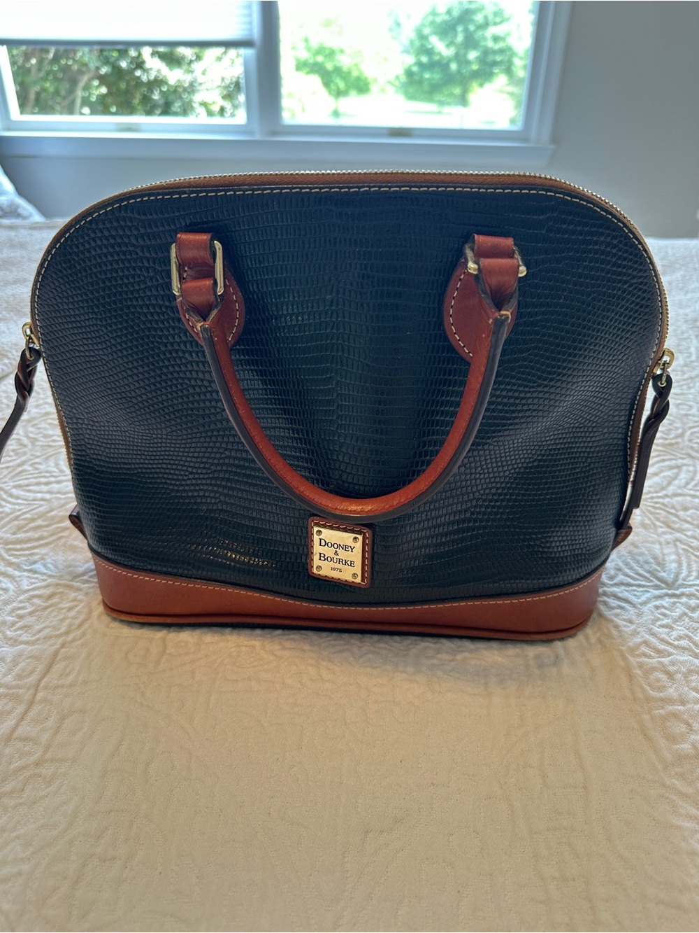 Dooney & Bourke Black Lizard-Embossed Satchel with Brown Trim